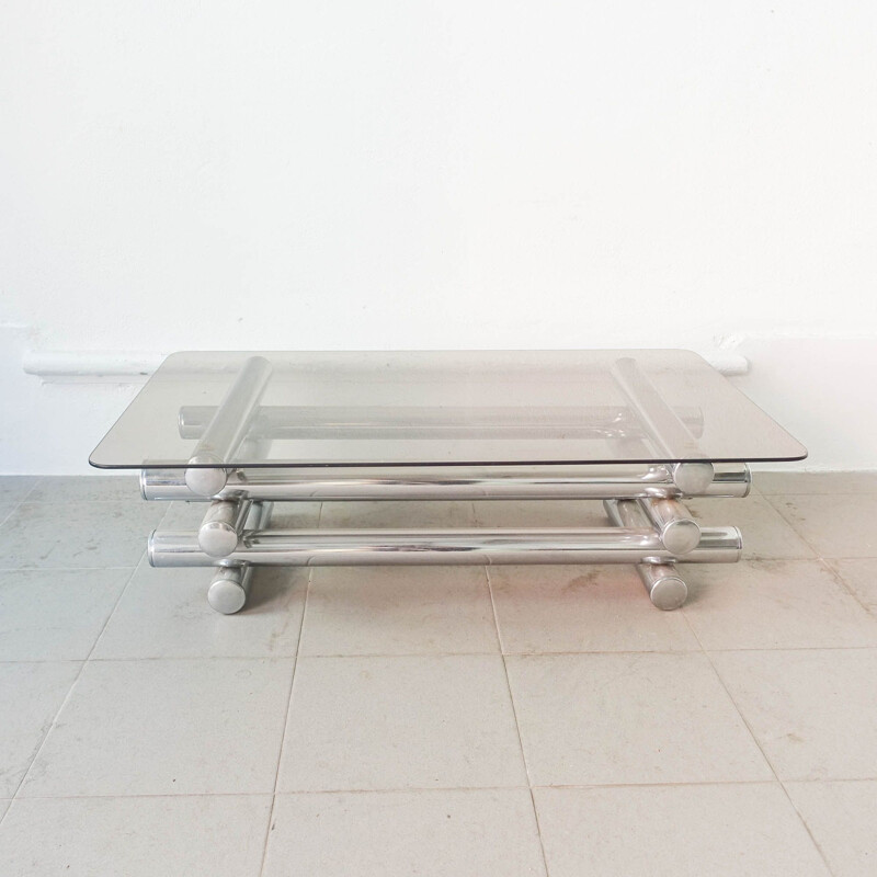 Vintage tubular coffee table in chrome and glass, Italian 1970