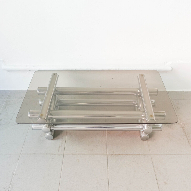 Vintage tubular coffee table in chrome and glass, Italian 1970