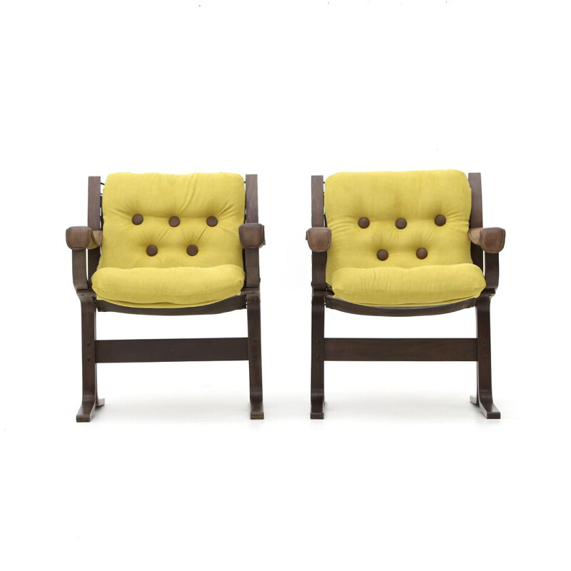 Pair of vintage armchairs with leather arms by Ingmar Relling for Westnofa, 1970