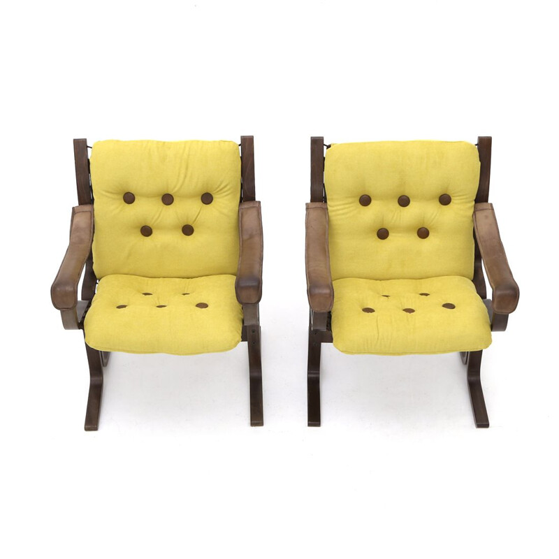 Pair of vintage armchairs with leather arms by Ingmar Relling for Westnofa, 1970