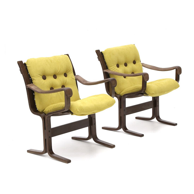 Pair of vintage armchairs with leather arms by Ingmar Relling for Westnofa, 1970