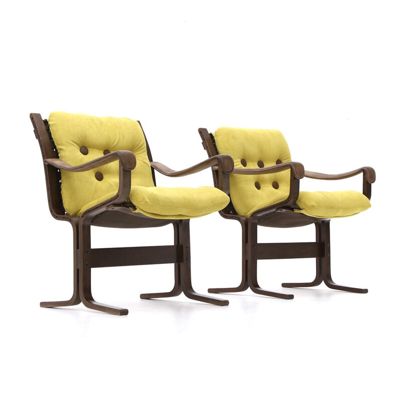 Pair of vintage armchairs with leather arms by Ingmar Relling for Westnofa, 1970