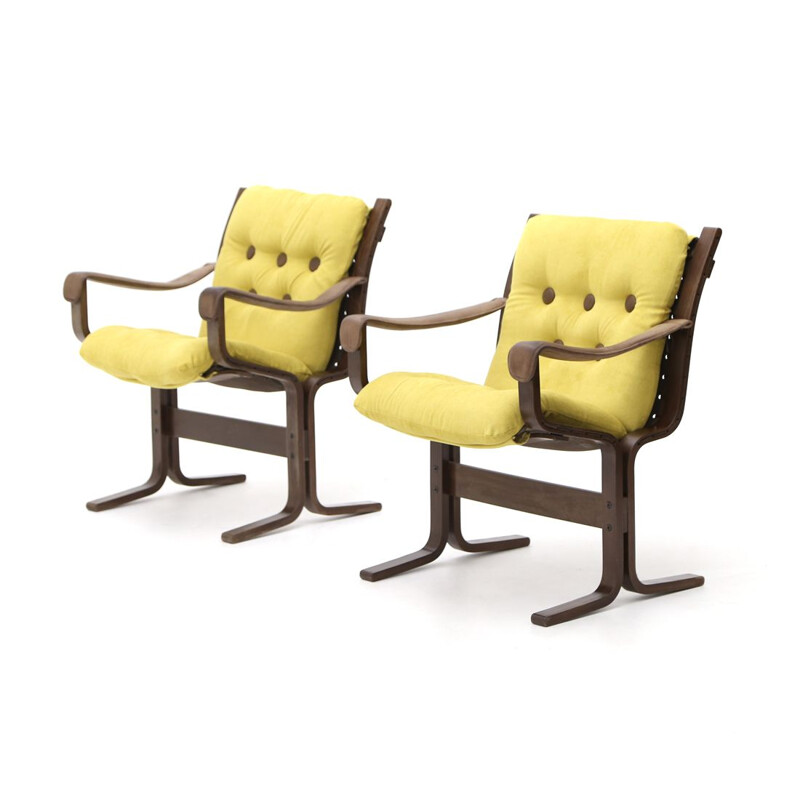 Pair of vintage armchairs with leather arms by Ingmar Relling for Westnofa, 1970
