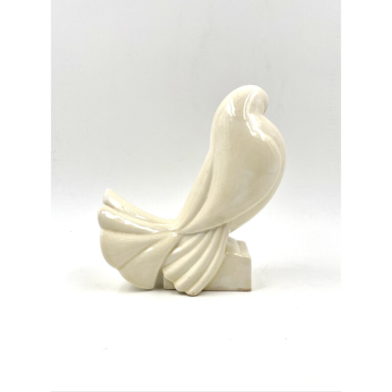 Sculpture Art Déco vintage "Pigeon Blanc" en faïence craquelée par Jacques Adnet, France 1925