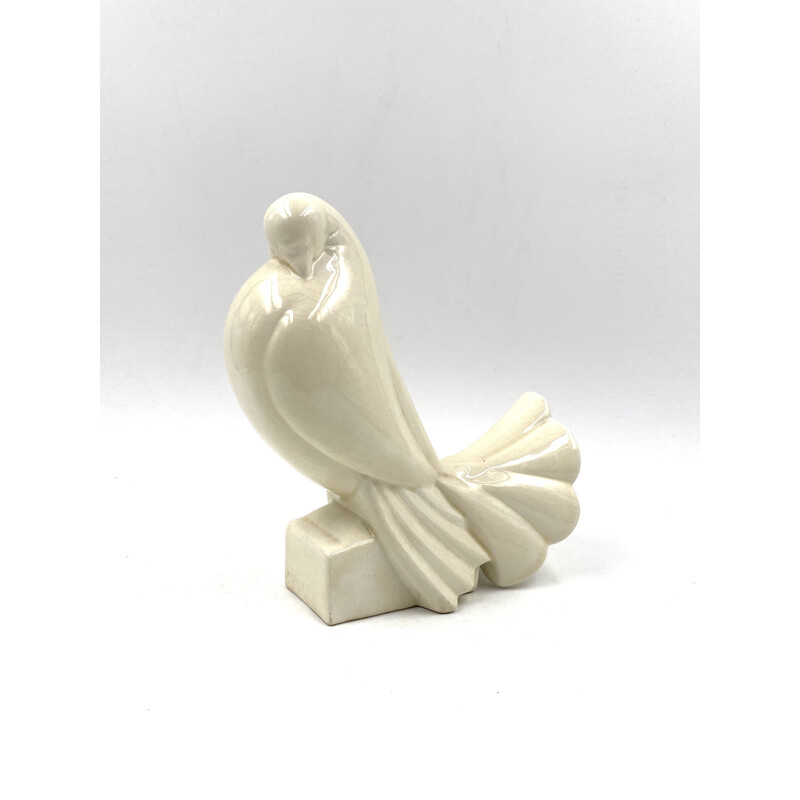 Mid century Art Deco "Pigeon Blanc" sculpture cracked faience by Jacques Adnet, France 1925