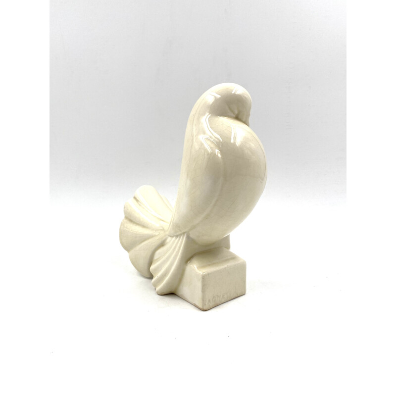 Sculpture Art Déco vintage "Pigeon Blanc" en faïence craquelée par Jacques Adnet, France 1925