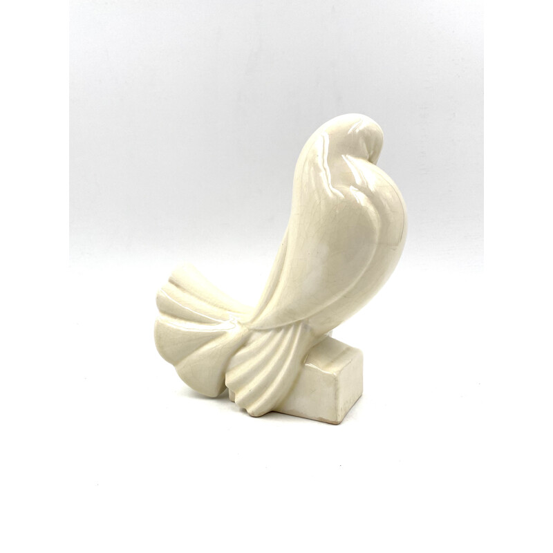 Mid century Art Deco "Pigeon Blanc" sculpture cracked faience by Jacques Adnet, France 1925