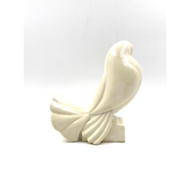 Mid century Art Deco "Pigeon Blanc" sculpture cracked faience by Jacques Adnet, France 1925