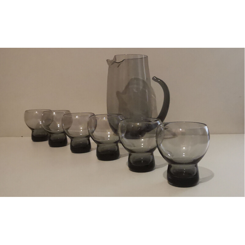 Vintage blown glass service consisting of a pitcher and 6 ball glasses, 1970