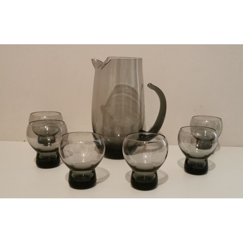 Vintage blown glass service consisting of a pitcher and 6 ball glasses, 1970