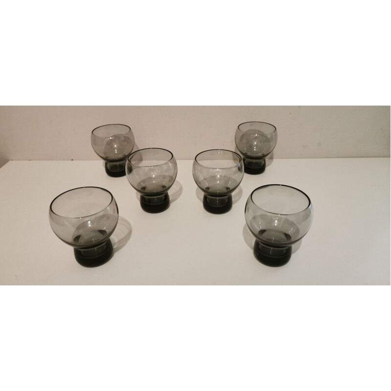 Service vintage en verre soufflé composé d'un pichet et 6 verres boules, 1970