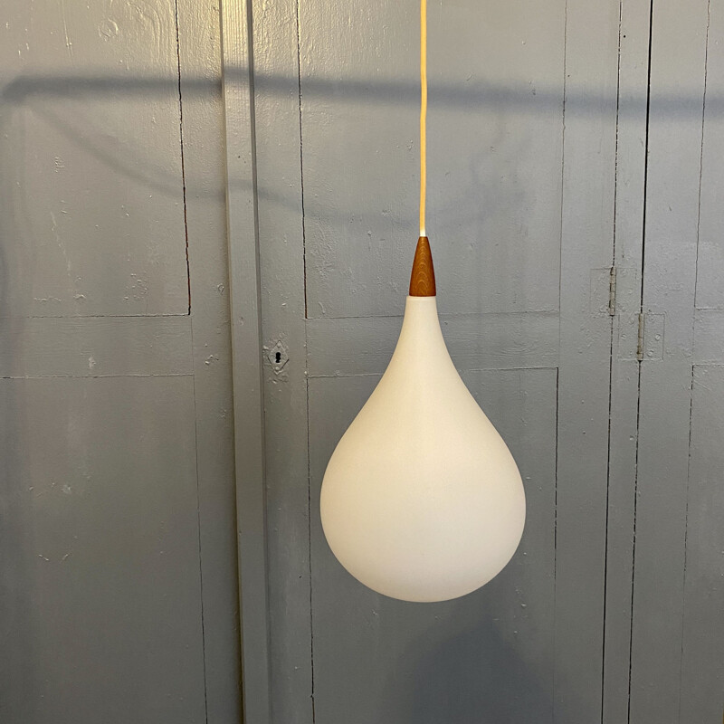 Vintage white opaline and teak finish pendant lamp, Scandinavian 1960