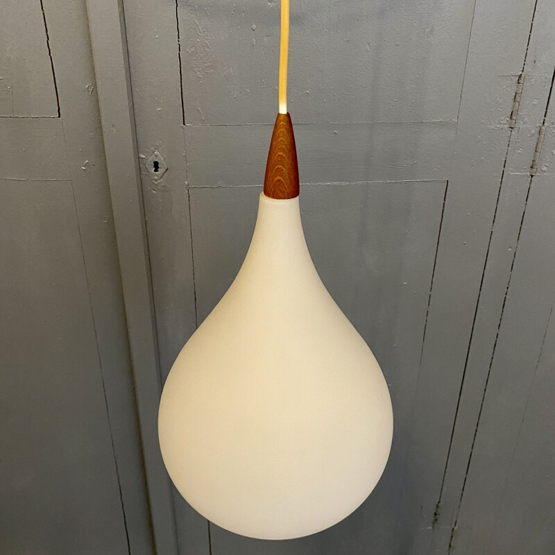 Vintage white opaline and teak finish pendant lamp, Scandinavian 1960