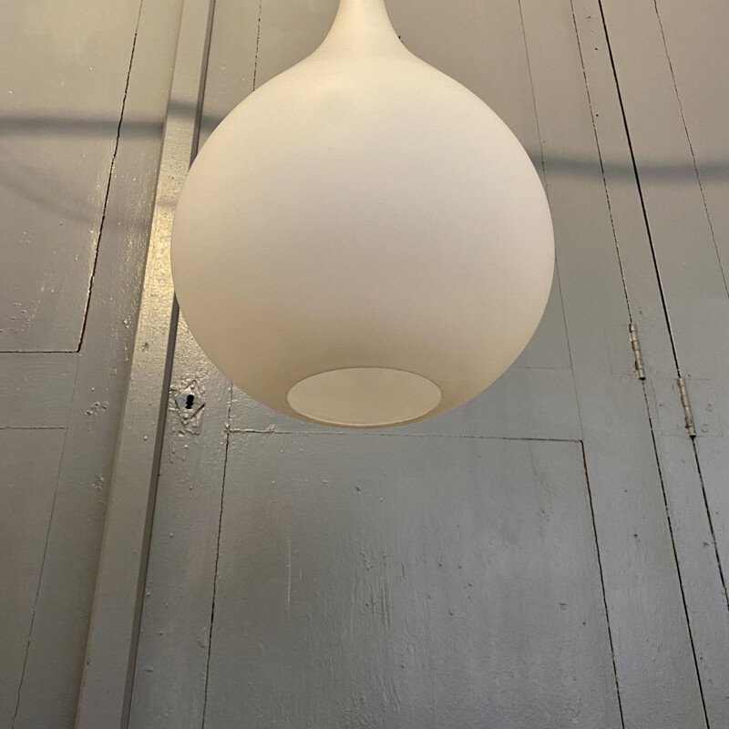 Vintage white opaline and teak finish pendant lamp, Scandinavian 1960