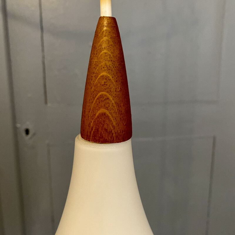 Vintage white opaline and teak finish pendant lamp, Scandinavian 1960