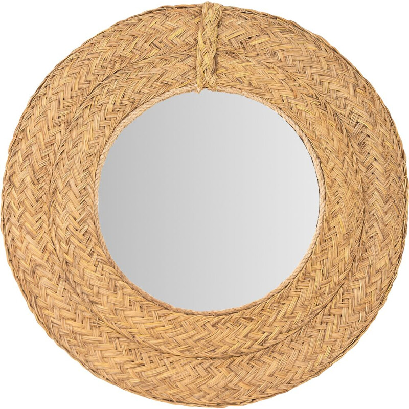 Vintage round mirror made of esparto grass