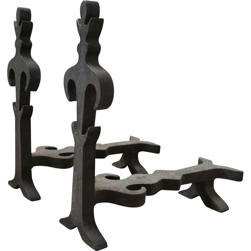 Pair of mid-century french modernist iron fireplace andirons, France 1950s