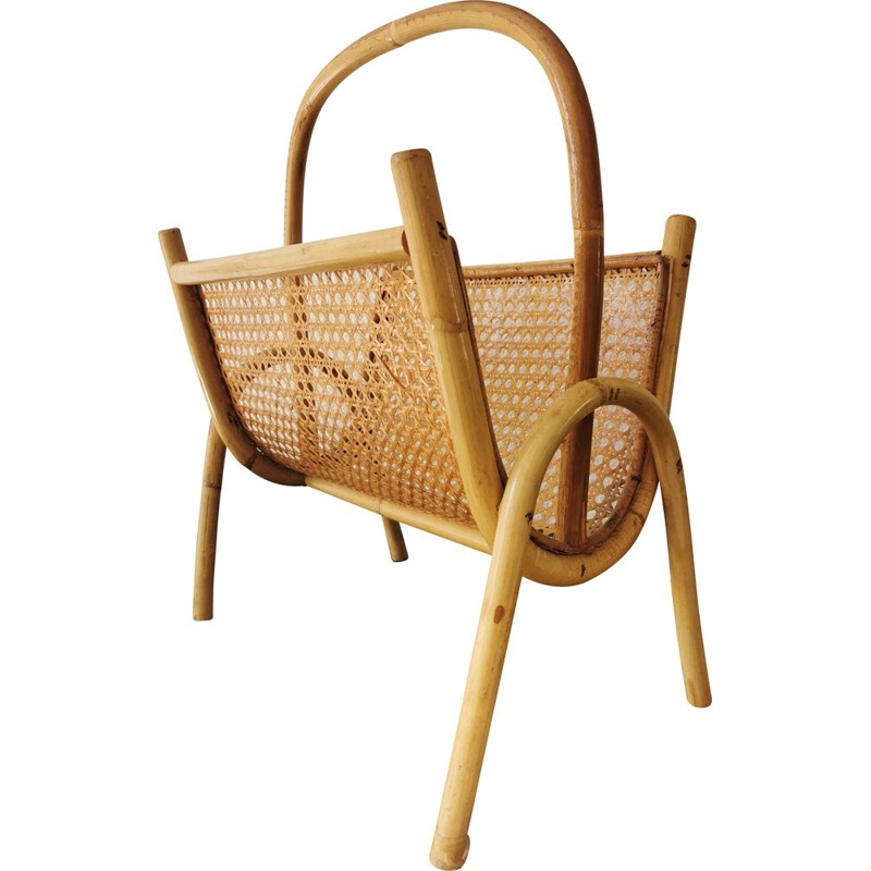 Vintage bamboo and rattan magazine rack, 1970