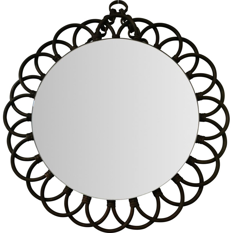 Vintage dark rattan flower mirror, 1970