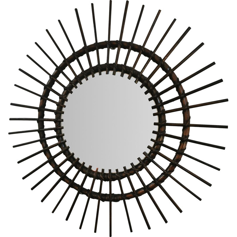 Vintage dark rattan sun mirror, 1960