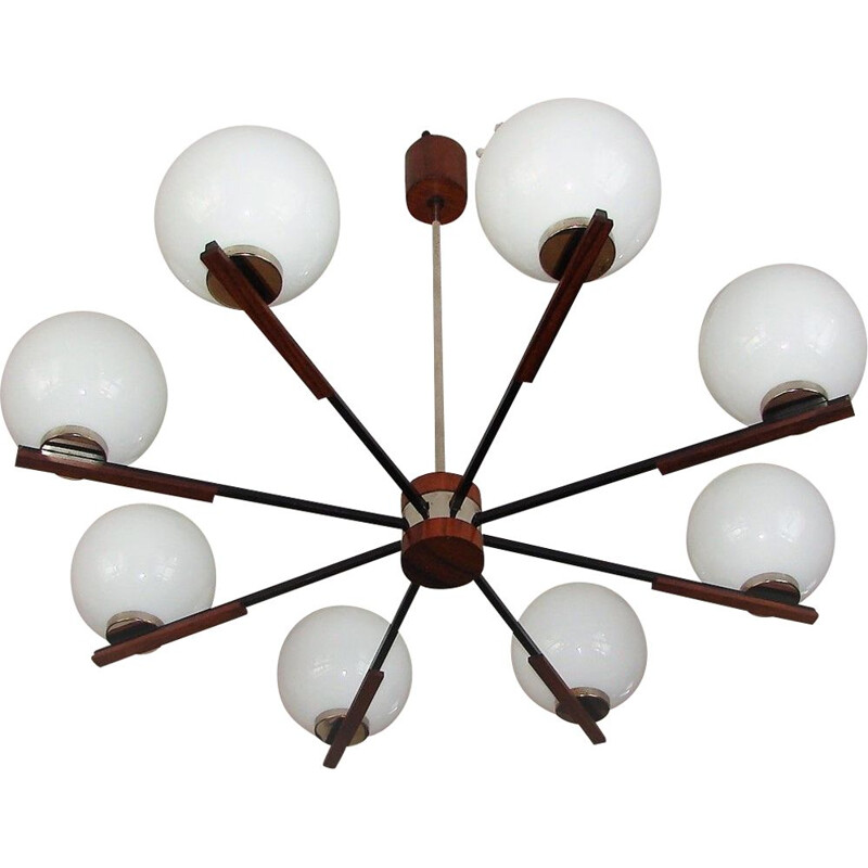 Danish mid century rosewood and glass chandelier, 1960s