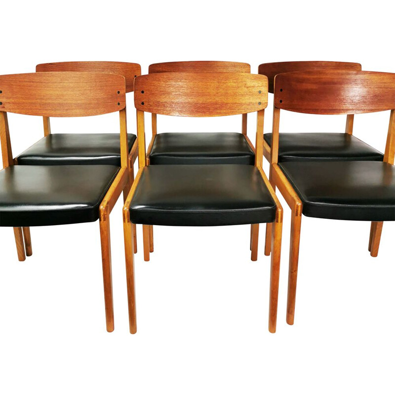 6 vintage beechwood chairs with teak plywood backs, Denmark 1960