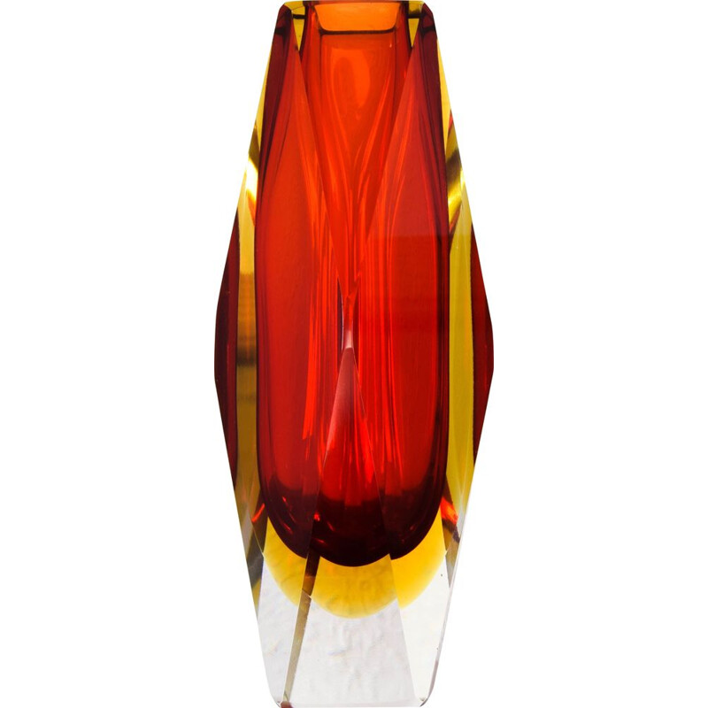 Mid century red and yellow Murano faceted Sommerso glass vase by Mandruzzato, Italy 1960s