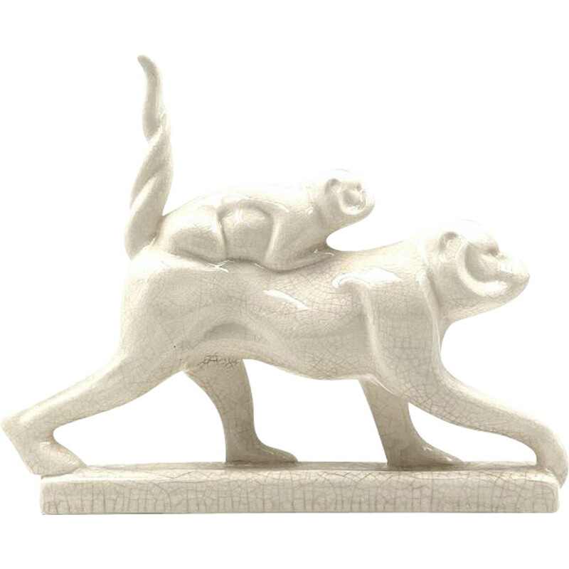 Vintage Art Deco sculpture in cracked earthenware "Macaques" from Emaux de Louviere, Belgium 1930