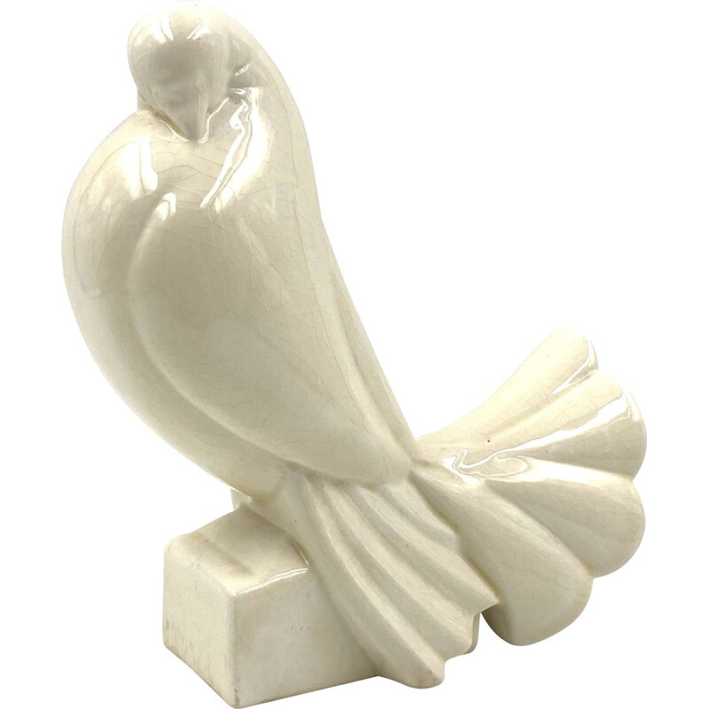 Mid century Art Deco "Pigeon Blanc" sculpture cracked faience by Jacques Adnet, France 1925