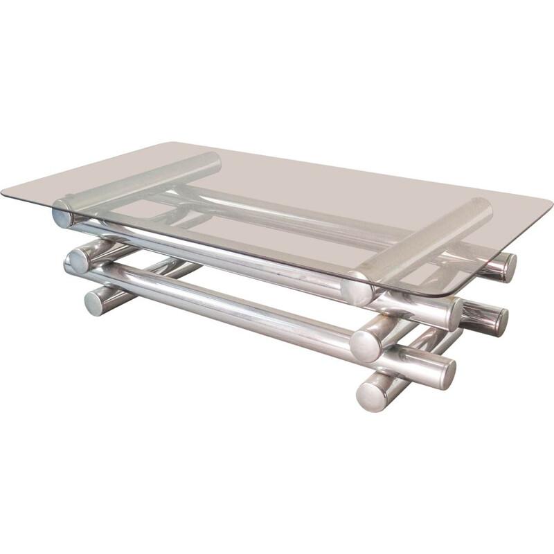 Vintage tubular coffee table in chrome and glass, Italian 1970