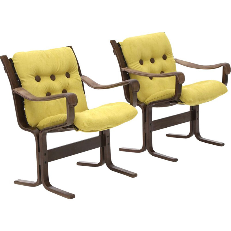 Pair of vintage armchairs with leather arms by Ingmar Relling for Westnofa, 1970