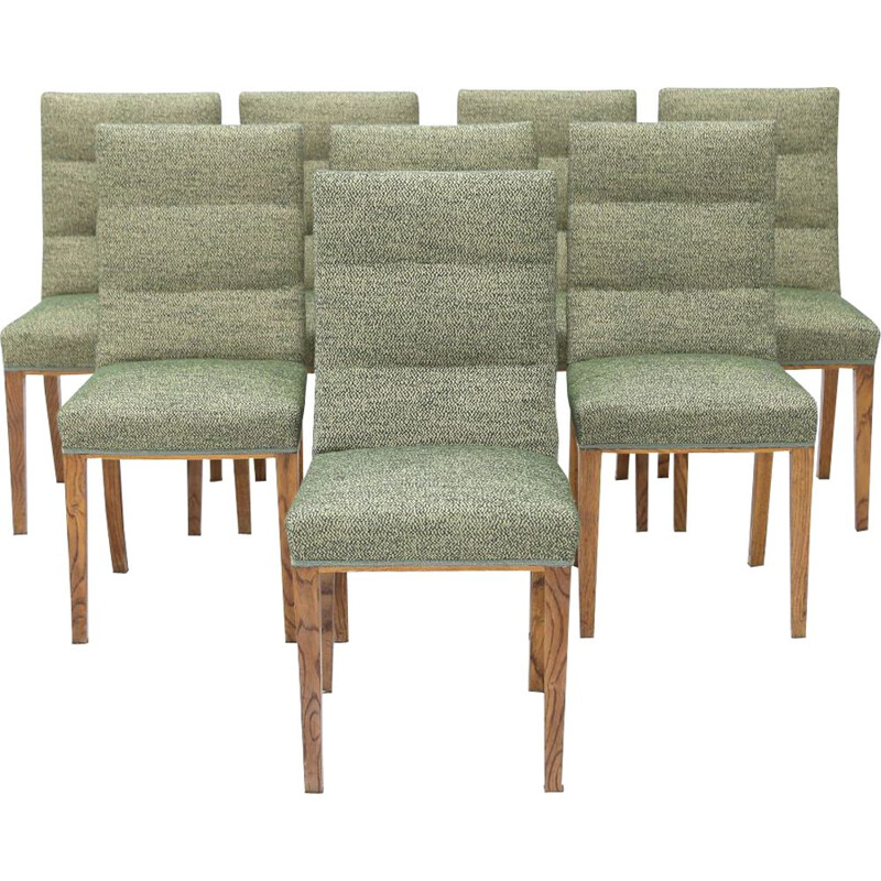 Set of 8 vintage solid oak chairs with upholstery, 1940