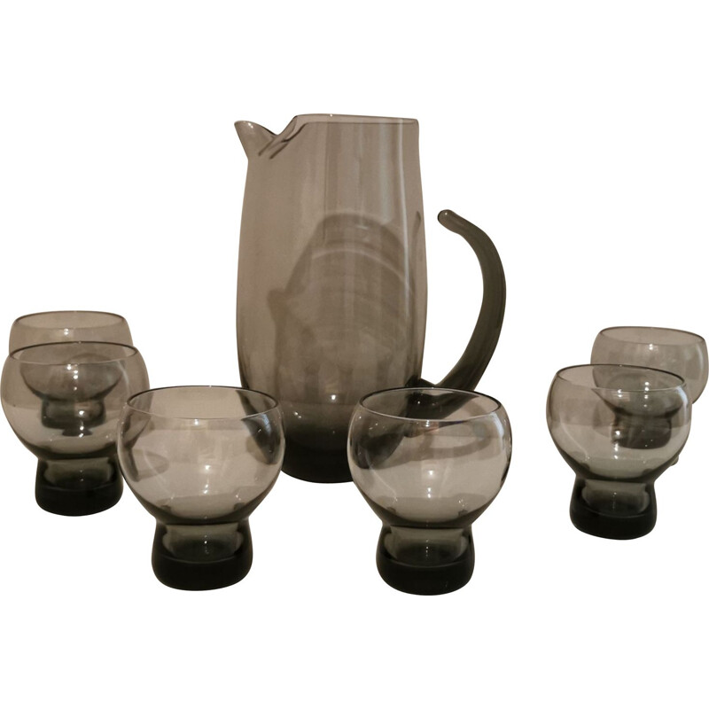 Vintage blown glass service consisting of a pitcher and 6 ball glasses, 1970