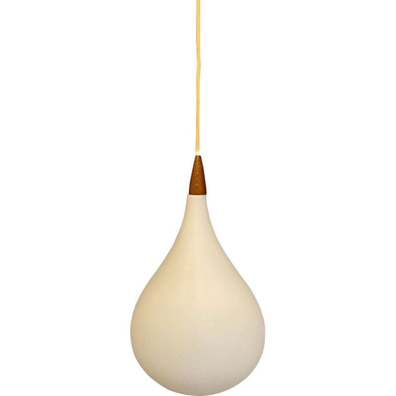 Vintage white opaline and teak finish pendant lamp, Scandinavian 1960