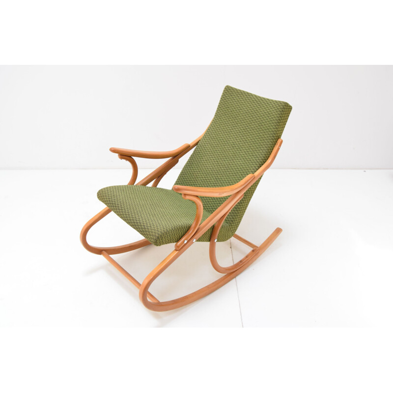 Fabric and wood vintage rocking chair by Ton, Czechoslovakia 1970s