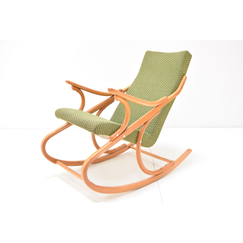 Chaise à bascule vintage en tissu et bois par Ton, Tchécoslovaquie 1970