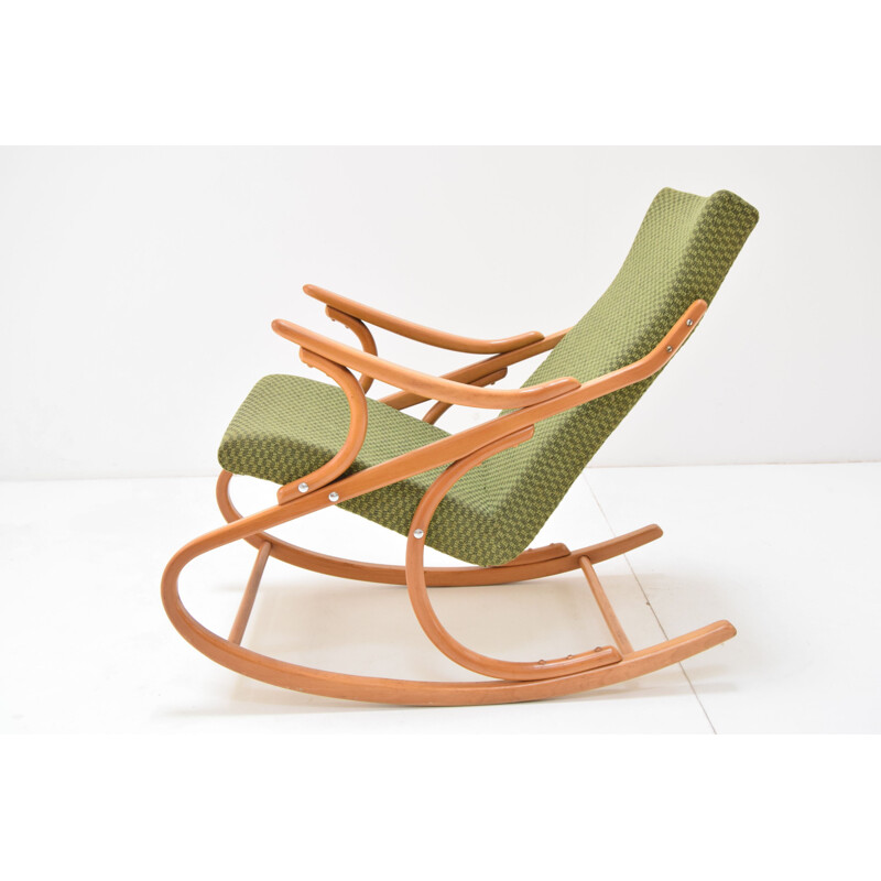 Chaise à bascule vintage en tissu et bois par Ton, Tchécoslovaquie 1970