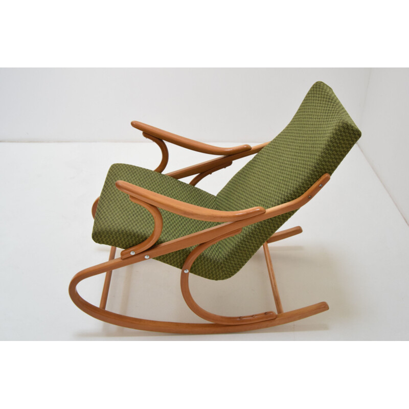 Tecido Vintage e cadeira de balanço de madeira de Ton, Checoslováquia 1970