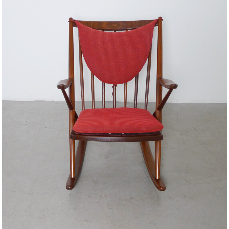 Rocking chair Bramin en teck et tissu rouge, Frank REENSKAUG - 1958