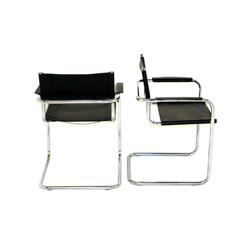 Pair of vintage leather and chrome tubular steel armchairs, 1990