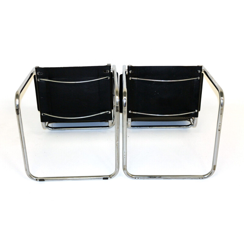 Pair of vintage leather and chrome tubular steel armchairs, 1990