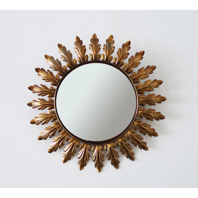 French sunburst mirror with curved leaves - 1950s