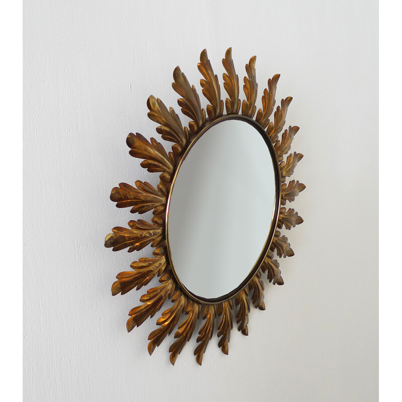 French sunburst mirror with curved leaves - 1950s