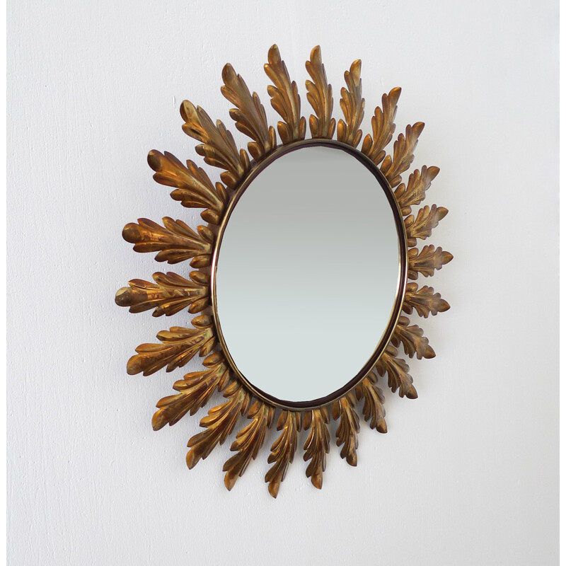 French sunburst mirror with curved leaves - 1950s