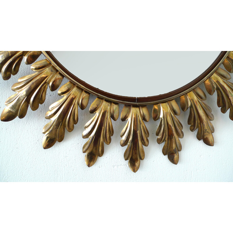 French sunburst mirror with curved leaves - 1950s