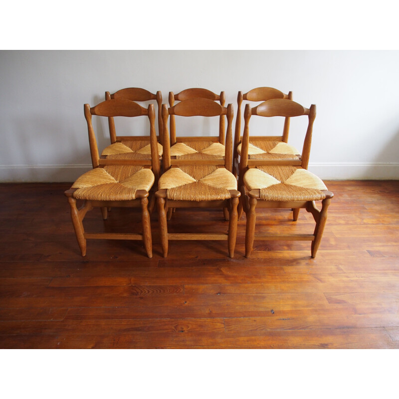 Lot de 6 chaises vintage en chêne blond massif et paille de Guillerme et Chambron pour Votre Maison