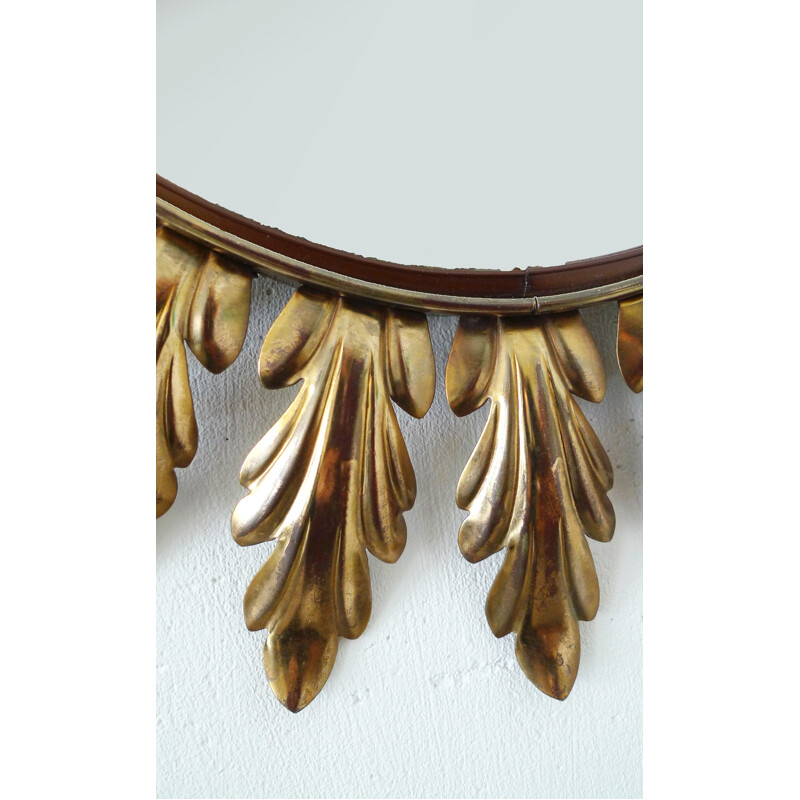 French sunburst mirror with curved leaves - 1950s