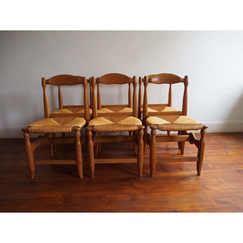 Set di 6 sedie vintage in rovere massiccio e paglia di Guillerme et Chambron per Votre Maison