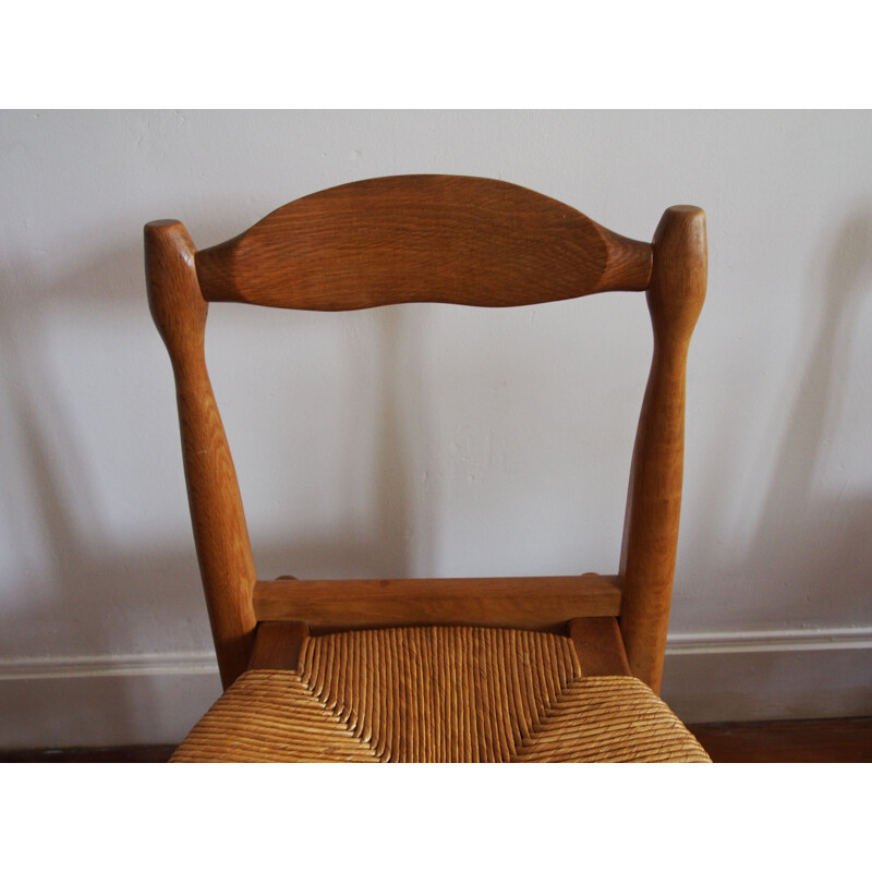 Juego de 6 sillas vintage de roble macizo y paja de Guillerme et Chambron para Votre Maison