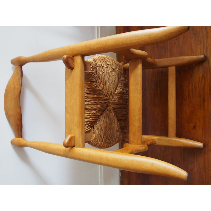 Lot de 6 chaises vintage en chêne blond massif et paille de Guillerme et Chambron pour Votre Maison
